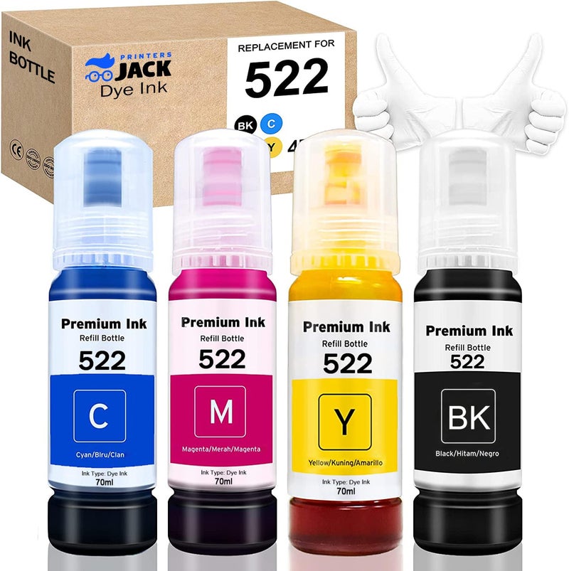 Printers Jack Compatiable T522 Refill Ink Bottle Kit for Supertank ET-2800 ET-4700 ET-4800 ET-2710 ET-2720, ET-2803 Printer, 4 Packs - Image 1